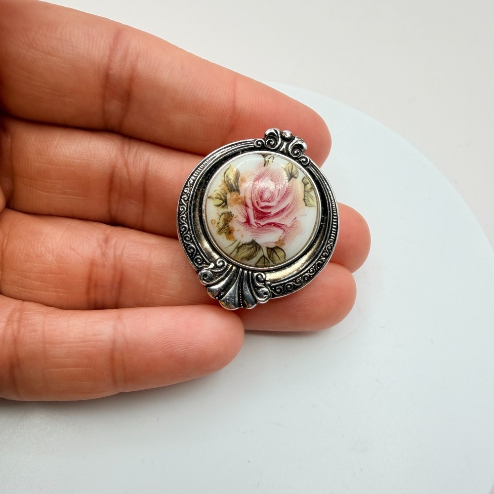 Vintage 80s SilverTone Scarf Clip Pink Rose Floral Glass Cabochon Boho Accessory - Picture 7 of 8